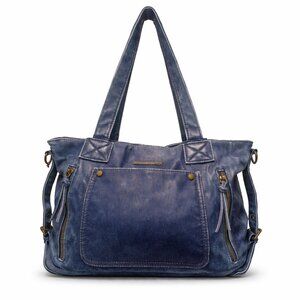 Montana West Blue Faux Leather Tote Bag Distressed Look Brass Hardware